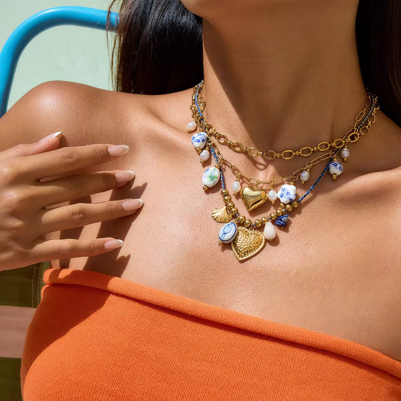 Blue & Gold Charm Layered Necklace Set - Alinari Firenze