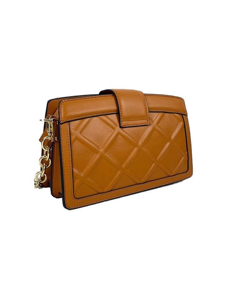 An Amelie Classic Shoulder Bag by Alinarifirenze, tan quilted crossbody bag with a gold-tone chain strap in Italian leather.